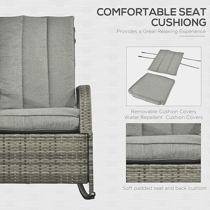 Outsunny Wicker Outdoor Rocking Chair, Patio Recliner with Adjustment Backrest, PE Rattan Lounge Chair with Adjustable Footrest and Cushions for Garden, Backyard, Porch, Gray