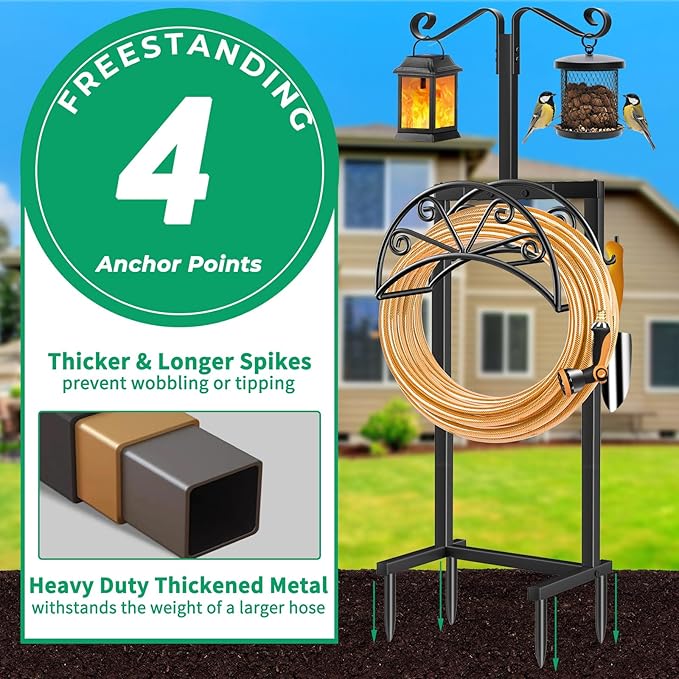 TomCare Garden Hose Holder with Shepherds Hooks Heavy Duty Water Hose Holder Holds 160 FT Hoses Freestanding Hose Reel with 2 Tool Hooks Stable Hoses Hanger Storage Stand for Outside Yard, Black