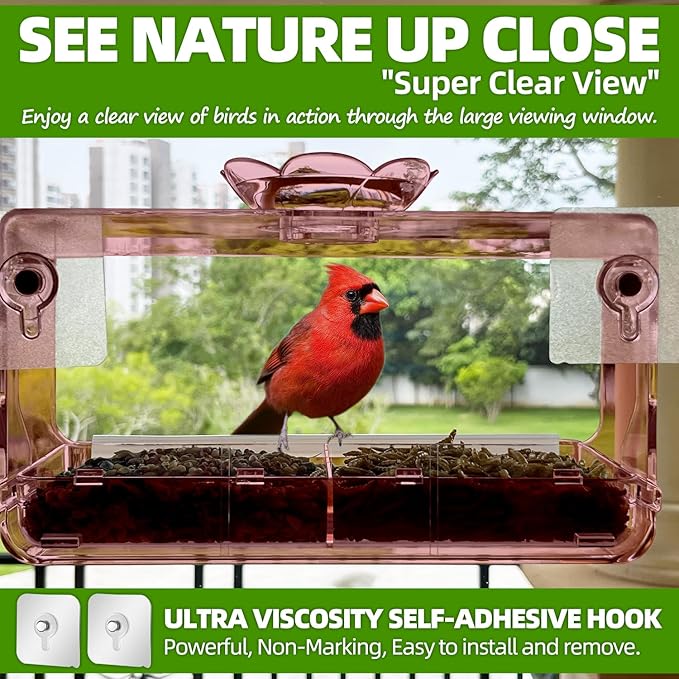 Window Bird Feeder with Non-Marking Self-Adhesive Hooks, Clear and Transparent, Outdoor Wild Bird Watching Gift, Garden Decor (Red)