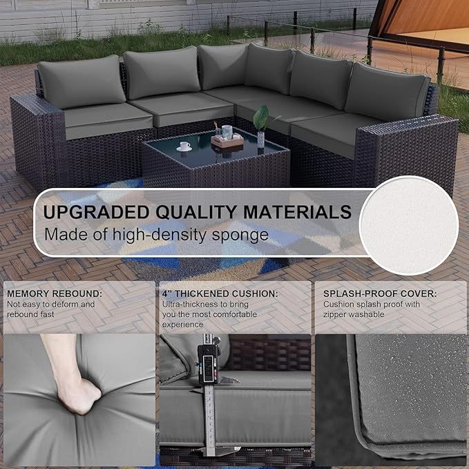 Kullavik 9 Pieces Outdoor Patio Furniture Set,PE Wicker Rattan Sectional Sofa Patio Conversation Sets with Tempered Glass Table,Swivel Rocking Chairs Set,Grey