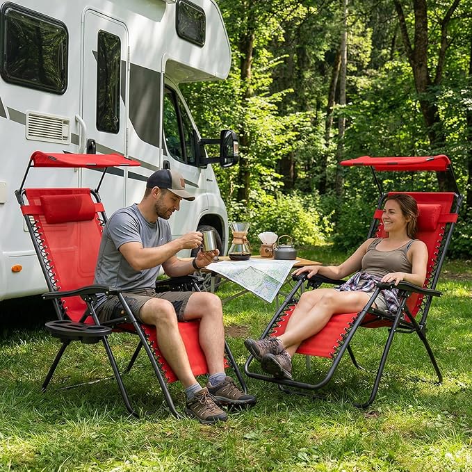 Magshion Zero Gravity Lounge Chair with Canopy, Outdoor Foldable Patio Reclining Chair with Side Tray, Adjustable Anti-Gravity Recliner with Pillow Headrest, Lounger for Lawn Camping Beach (Red)