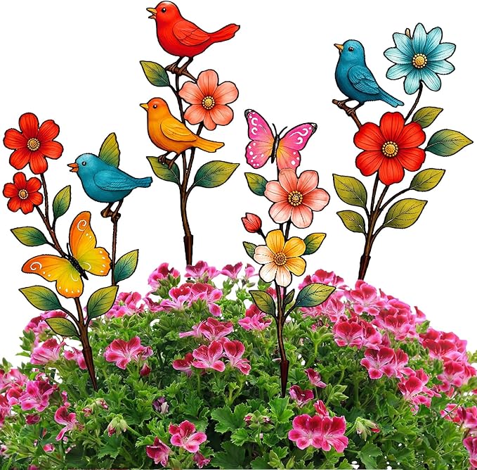 4 Pack Metal Flowers Outdoor Decor Spring Garden Stakes for Outside 15'' Decorative Colorful Flowers Birds Butterfly Yard Art Rust Proof Plant Sticks for Yard Lawn Pathway Patio Outside Walkway
