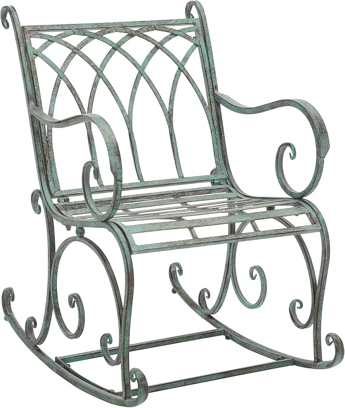 SAFAVIEH Outdoor Collection Medrano Victorian Antique Dark Green Wrought Iron Rocking Chair