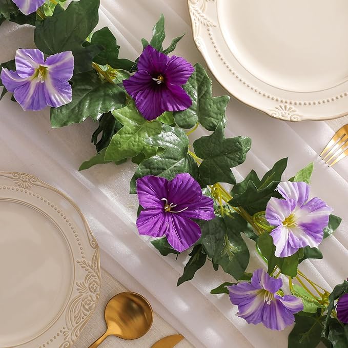 Floweroyal 4 Pack Artificial Flower Garlands 15.8FT Fake Morning Glory Vines Silk Flowers Hanging Garland Ivy for Wedding Arch Party Home Garden Wall Decor (Purple)