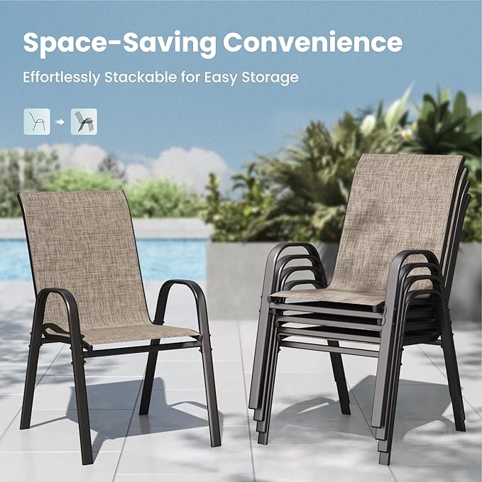 PHI VILLA 5 Piece Outdoor Dining Set with 4 Stackable Patio Chairs and a 37'' Carbon Crystal Patio Table, All Weather Small Patio Furniture Set for Deck Lawn Garden Poolside Backyard