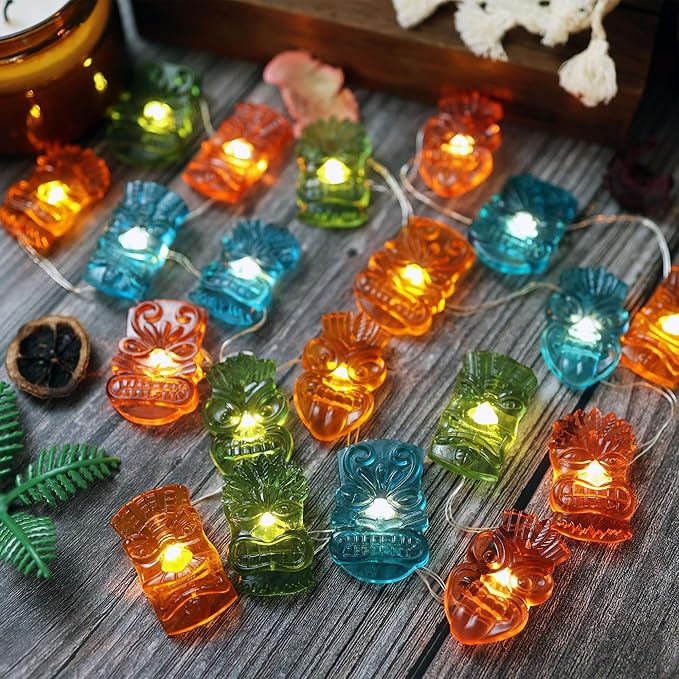 Bartlett Solar Tiki Mask Lights Outdoor 40LED 14FT, Waterproof Tropical String Lights for Garden Patio Porch Yard Pathway Fence, Solar Powered Hawaiian Luau Party Decorations Night Ambient Lighting