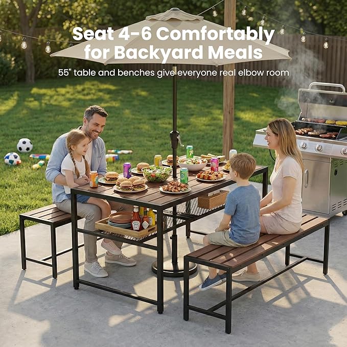 Outdoor Dining Set, 55" Picnic Table with Umbrella Hole & Storage Shelf, 3-Piece Set with 2 Movable Benches, All-Weather HDPE & Metal Frame for Backyard, Deck, Patio, BBQs & Garden