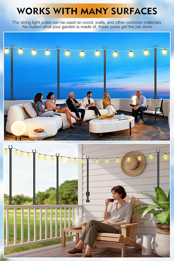 FEED GARDEN 5 Ft String Light Poles with Fence Brackets, Black Metal, 4 Pack, for Outdoor Deck Patio Backyard