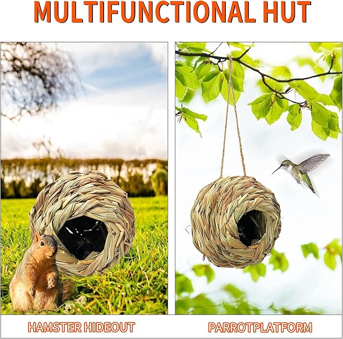 Humming Bird Houses for Outside Hanging, Natural Grass Hanging Bird Hut, Hand Woven Hummingbird Nest, Large Wren Finch Bird House for Garden Window Outdoor Home Decoration, 3 Pack