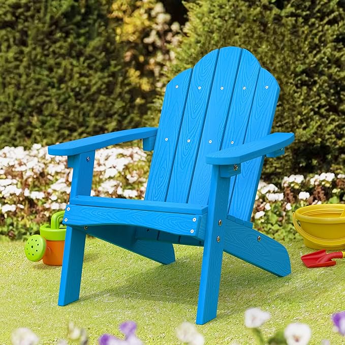 LUE BONA Kids Blue HDPS Adirondack Chair, Weather Resistant, Low Maintenance, Easy to Assemble, for Fire Pit, Balcony, Backyard