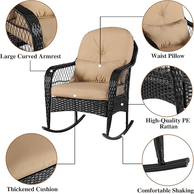 Outdoor Wicker Rocking Chair, 2 Piece PE Rattan Rocker Set with Cushion & Pillow, Outdoor Rocking Furniture for Garden, Porch, Backyard, Poolside (Black Rattan+Khaki Cushion)