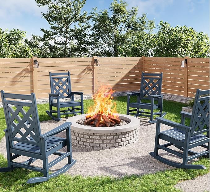 GarveeLife Outdoor Rocking Chair Set of 4, HDPE Weather Resistant Patio Rocking Chair Porch Rocker with Wood Texture & 380 LBS Support for Deck, Pool, Backyard, Navy Blue