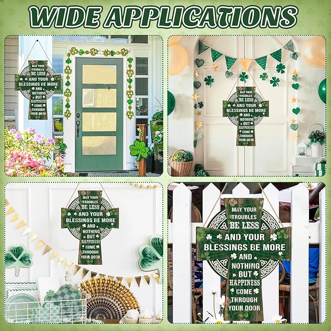 Wooden St Patricks Day Decoration Shamrock Door Wreath for Front Door Sign Wall Signs Shamrock Clover Spring Decoration, Irish Sign Welcome Hanging for Home Decor Party Outdoor Indoor Supply
