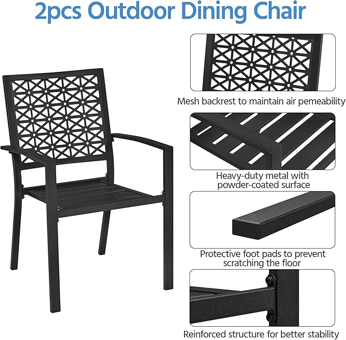 Yaheetech Outdoor Patio Dining Chairs Set of 2 with Armrests and Metal Frame, Heavy-Duty Metal Black Outdoor Chairs Stackable for Garden, Lawn and Yard
