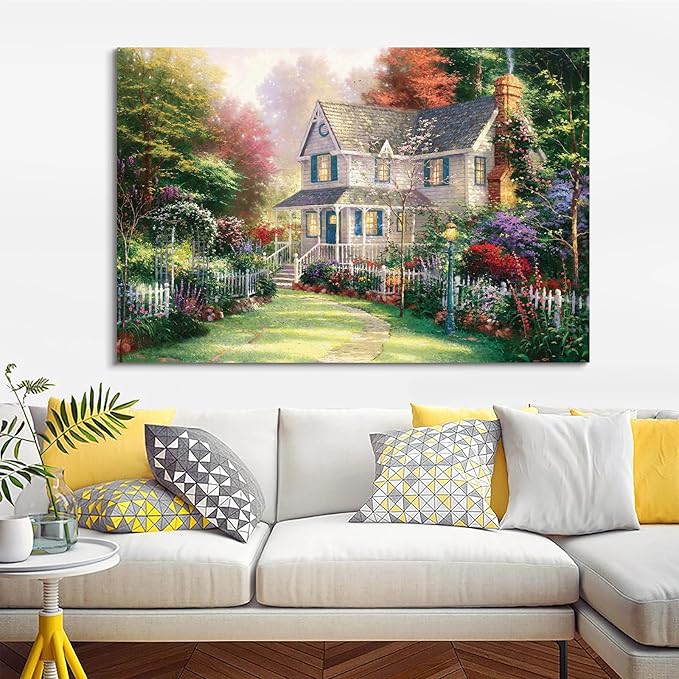STUDIO HAVEN Thomas Kinkade Canvas Wall Art, White Cottage Sunlit Country Lush Flower Garden Fence and Charming Vibe Oil Painting Poster Rustic Wall Decor, Framed Prints for Home Decor, 48x32Inch