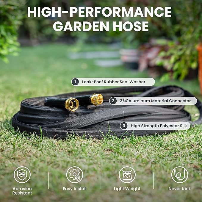Giraffe Tools Garden Hose 100FT Lightweight Lay Flat Water Hose Kink Free Flexible Hose with 9 Spray Function Nozzle（Black）