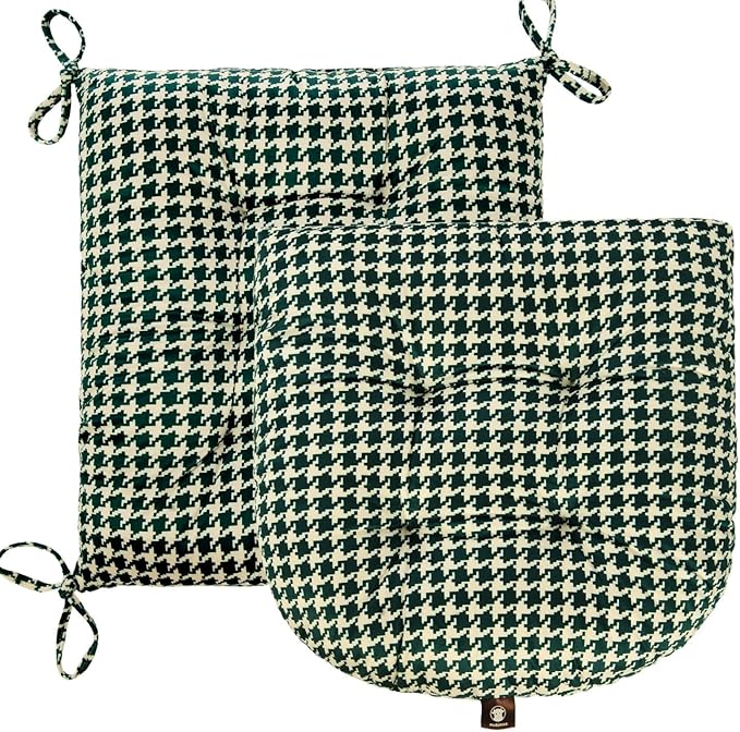 Outdoor Patio Cushion, Rocking Chair Cushion, Tufted Pads, Set of Upper and Lower with Ties Pack of 2 (2 Sets) - Back 20"×17", Seat 17"×17" (Green Houndstooth)