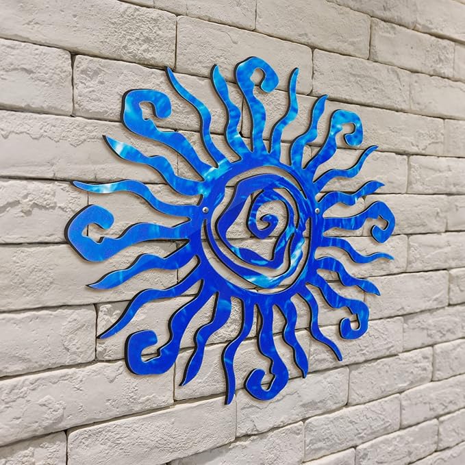Moxweyeni 12 Inch Sun Metal Wall Art Outdoor Decor Wacky Large Sun Metal Art Wall Decor Pool Decorations for Home Bedroom Living Room Office Garden(Blue)