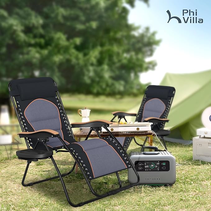 PHI VILLA XXL Oversized Padded Zero Gravity Chair Set of 2, Foldable Patio Recliner, 30" Wide Seat Anti Gravity Lounger with Armrest and Cup Holder, Support 400 LBS (Black & Orange Accents)