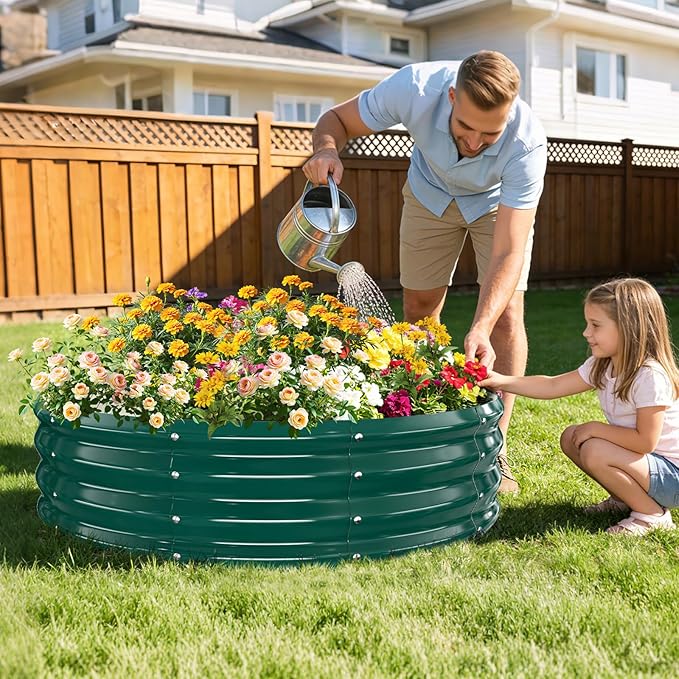 12 Inch Tall Heavy-Duty Round Steel Rised Garden Bed – Wave-Shaped Design Galvanized Metal Planter Box for Vegetables Flowers Succulent at Patio/Garden Outdoor (Green, 48" Diameter)