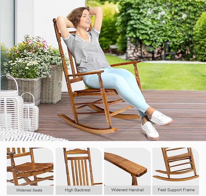 VINGLI Wooden Rocking Chair Outdoor, Patio Rockers with High Back, Support 450 LBS Rocking Chairs, for Porch, Patio, Balcony, Garden, Yard (Oak, 1 PC)