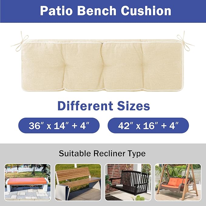 Bench Cushion, 36 x 14 Inch Patio Furniture Cushions with Durable Ties, Soft Memory Foam Bench Cushions for Indoor/Outdoor Furniture with Non-Slip Bottom, Kitchen&Dining, Beige