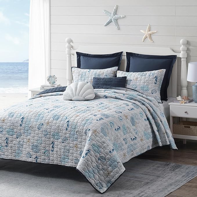Wonderful Cotton Coastal Quilt Set King Size, Shell Stitched Quilting Reversible Cotton Bedding Cover with 2 Shams, Nautical Beach Lightweight Bedspreads Coverlet Summer Bedding, 106"x94"