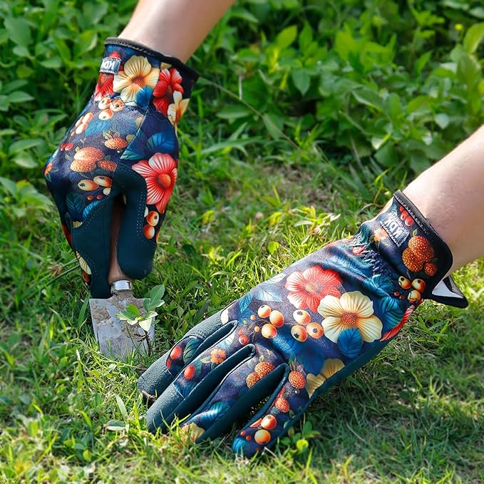Gardening Gloves for Women, Flexible Breathable Garden Gloves, Leather Working Gloves for Weeding, Digging and Pruning (Flowers and Berries, Medium)