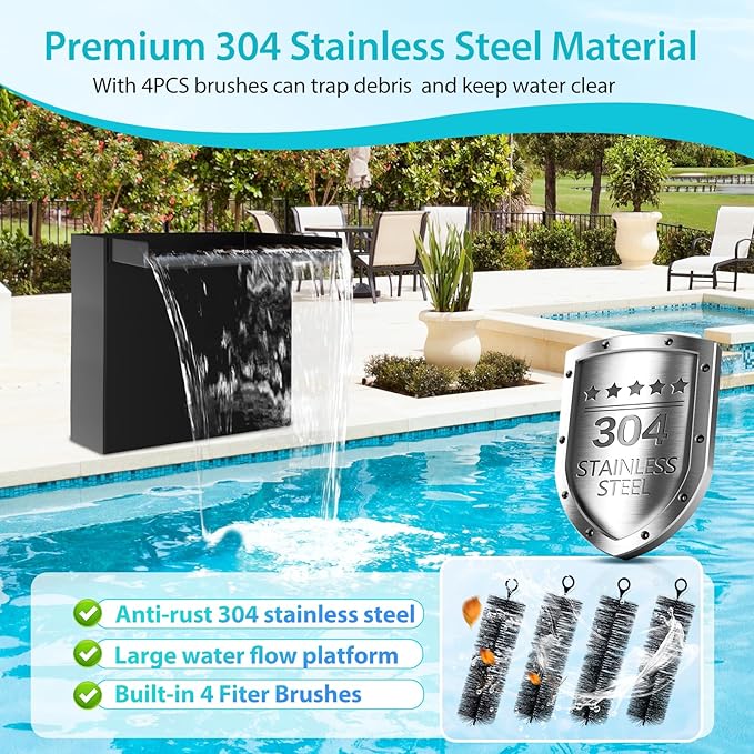 POPOSOAP 70W Solar Pond Waterfall Spillway Kit, 304 Stainless Steel Pondless Waterfall Box with 10FT Corrugated Tubing, 4 Pcs Filter Brushes, 580GPH Solar Powered Water Pump for Garden Ponds