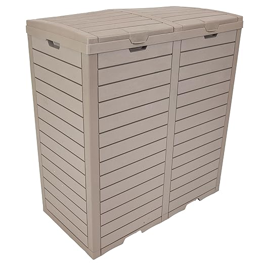 Sunnydaze 78-Gallon Double Patio Trash Can with Lid - Outdoor Garbage Can with Drip Trays - Weather-Resistant Resin - Light Gray