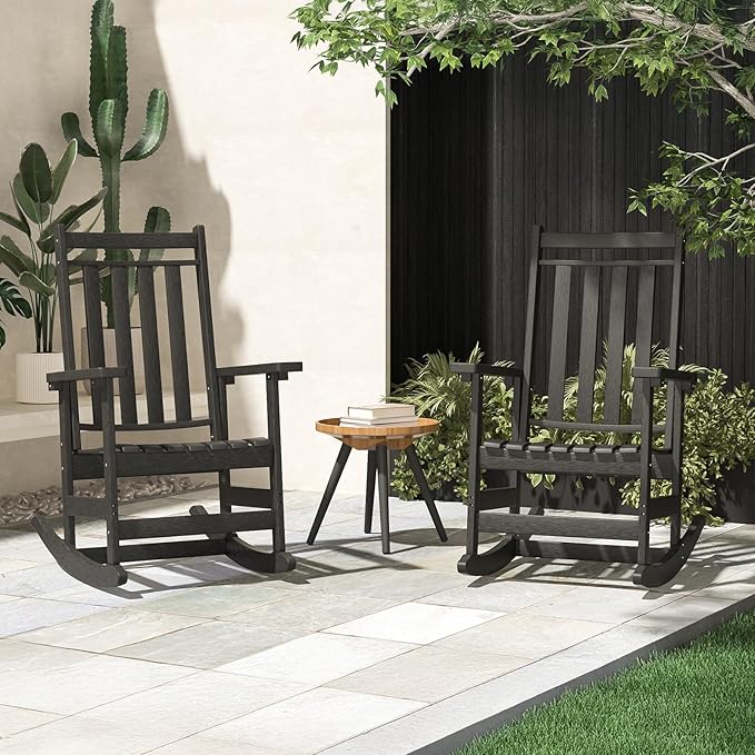Oversized Outdoor Rocking Chairs Set of 2,All Weather Rocker Chair with More Comfortable Seat Panel for Porch Patio Outside(Black)