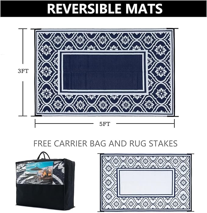 HUGEAR Outdoor Patio Rug 3'x5' Waterproof Outside Area Rugs Blue Reversible Plastic Straw Carpet for RV Deck Camping Entryance Porch Picnic Balcony Beach