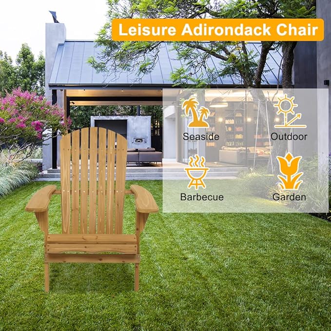 Outvita Wood Adirondack Chair Set of 2, Folding Wooden Lounge Seating, All Weather Outdoor Furniture Chair with Clearance Weather Resistant for Garden Fire Pit Yard Beach Campfire - Teak