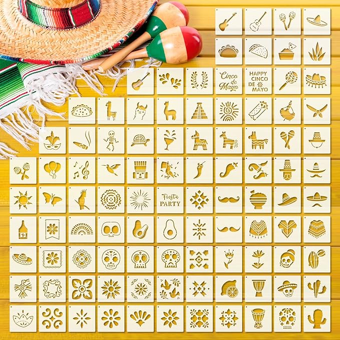 Fainne 100 Pcs 2 Inch Stencils Small Stencils for Painting on Wood Reusable Painting Templates Crafts for DIY Scrapbook, Wood, Wall, Fabric, Rock, Chalkboard, Sign(Mexican Festival)