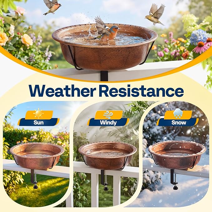 VIVOHOME Deck Mounted Bird Bath for Outside, Weather-Resistant ABS Bird Bath and Feeder with Adjustable Metal Clamp for Railing, Fence, Balcony, 1.45 Gallons, Bronze