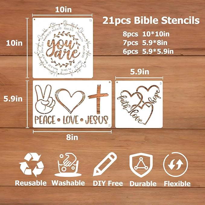 21pcs Stencils for Painting Christian Stencils for Crafts Reusable Motivational Bible Verse Template Drawing on Wall Wood Sign Rock Fabric Canvas Home Decor DIY Crafts