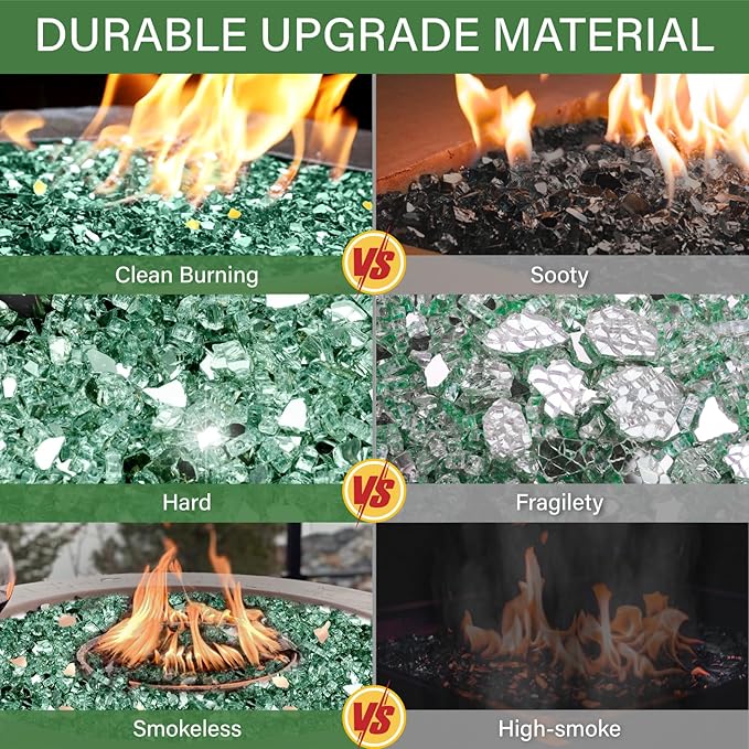 NUPICK 5 Pound Fire Glass, 1/4 Inch Reflective Fire Pit Glass, Tempered Firepit Glass Rock for Propane or Natural Gas, Glass Rocks for Fire Pit Table, Fireplace Glass for Landscaping, Green