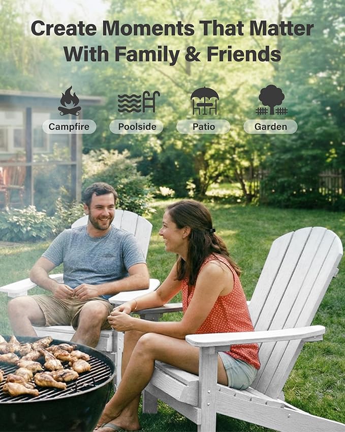 YEFU Adirondack Chairs Set of 8: Outdoor Chair HIPS Plastic Adirondack Chairs - Patio Chairs with Wood Texture - Lawn Fire Pit Deck Porch Garden Chairs for Adults(White)
