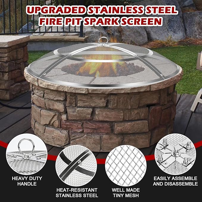 Fire Pit Spark Screen,27 Inch Fire Pit Screen Cover Stainless Steel Outdoor with Handle&Poker,Firepit Screens Cover Round Mesh Lid Heavy-Duty Steel Replacement for Backyard/Beach/RV Camping