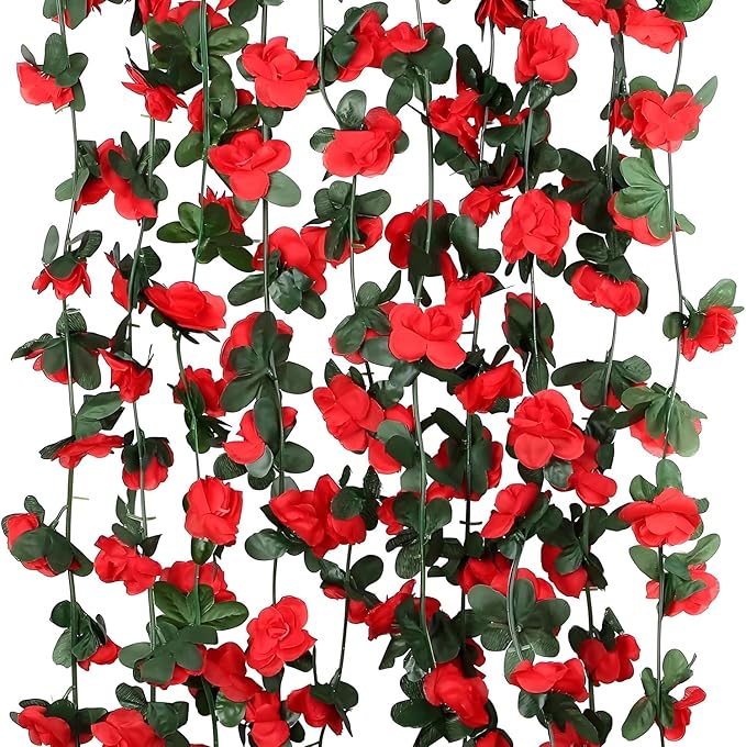 5 Pcs 8FT Flower Garland Artificial Flowers for Outdoors Fake Rose Vine Ivy Silk Flowers for Decoration/Anniversary/Wedding Birthday/Christmas/Home Decor/Garden Decor (Red)