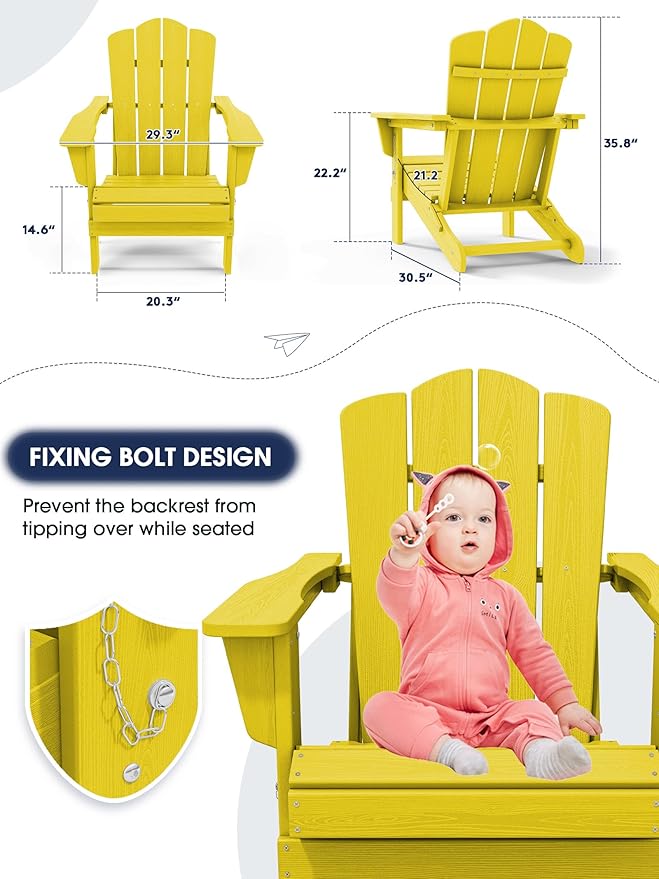 KINGYES Folding Adirondack Chair Set of 6, HDPE All-Weather Folding Adirondack Chair, Yellow