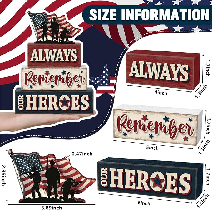 4 Pcs Memorial Day Table Decor Patriotic Always Remember Our Heroes Wooden Sign Fourth of July Tiered Tray Decor Red White Blue Table Centerpiece for Home Office Desk Shelf Mantel Decorations
