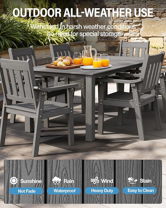 YEFU Outdoor Dining Table for 6: All Weather Rectangular Patio Table with Umbrella Hole and Aluminum Frame - Outdoor Furniture for Outside Backyard/Garden/Pool/Porch/Deck, 300lbs Capacity, Grey