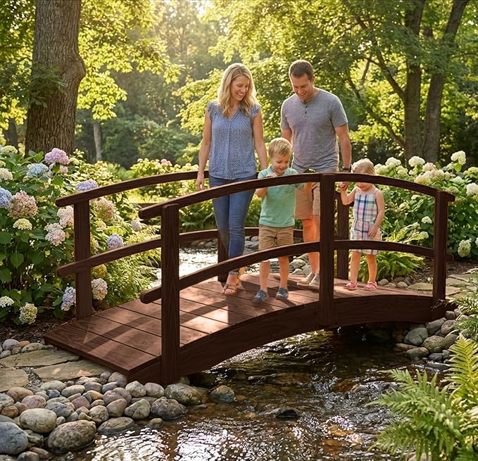 8 FT Walnut Amish Made Garden Bridge with Double Rails for Walkway, Backyard Pond & Landscaping, Outdoor Wooden Footbridge for Koi Pond, Japanese Style Decorative Bridge, Made in USA