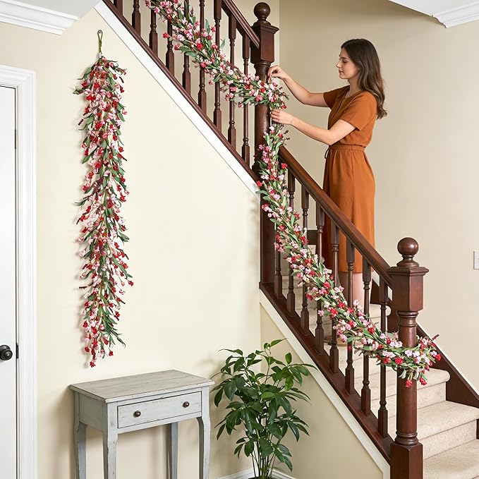 Artgar Flower Garland 6Ft Spring/Summer Garland Floral Garlands for Mantle All Year Round Paper Garlands Decor for Indoor Outdoor Home Wedding Arch Porch Stair Backdrop Year Round Decor (Red Pink)