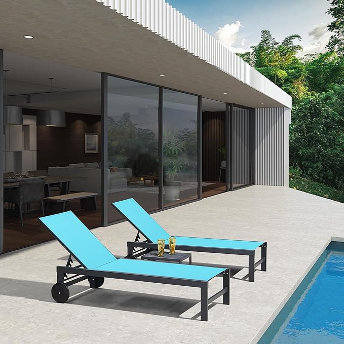 PURPLE LEAF Outdoor Chaise Lounge with Wheels for Outside 4 Pieces Aluminum Patio Lounge Chair with 5 Adjustable Position Recliner for Patio Beach Yard Pool Side Table Included Turquoise Blue