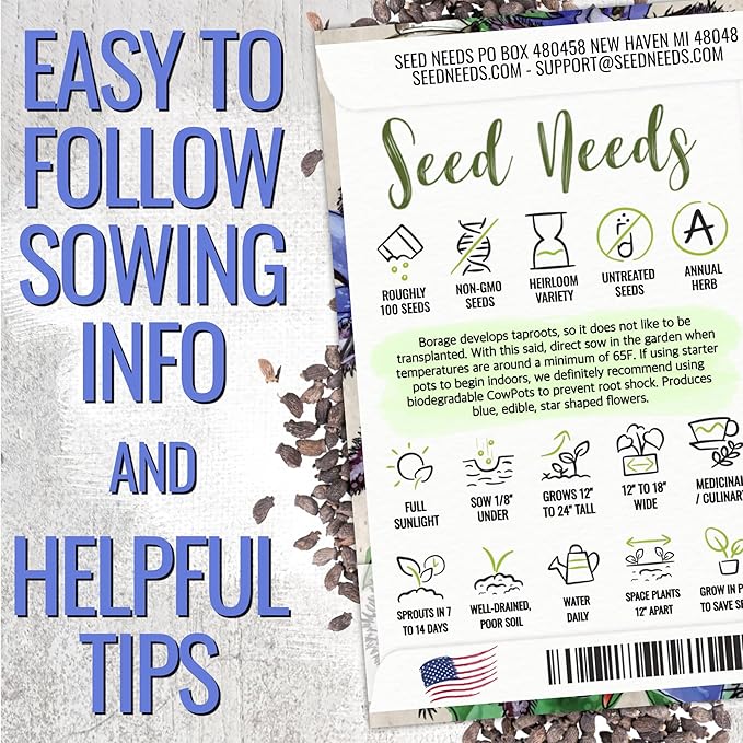 Seed Needs Borage & Chives Seeds for Planting Fresh Kitchen Herbs - Non-GMO Heirloom & Untreated Perennial Herb Seed to Plant a Culinary Garden Indoors or Outdoors (2 Packs)