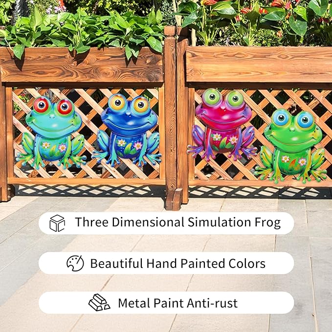 Metal Frog Wall Decor, 4Pcs Frog Iron Wall Art Sculptures Art Frogs Wall Hanging Sculpture Decoration.Outdoor Fence Art for Home Garden, Fence, Patio, Yard, Bedroom Outside Gifts for Adults