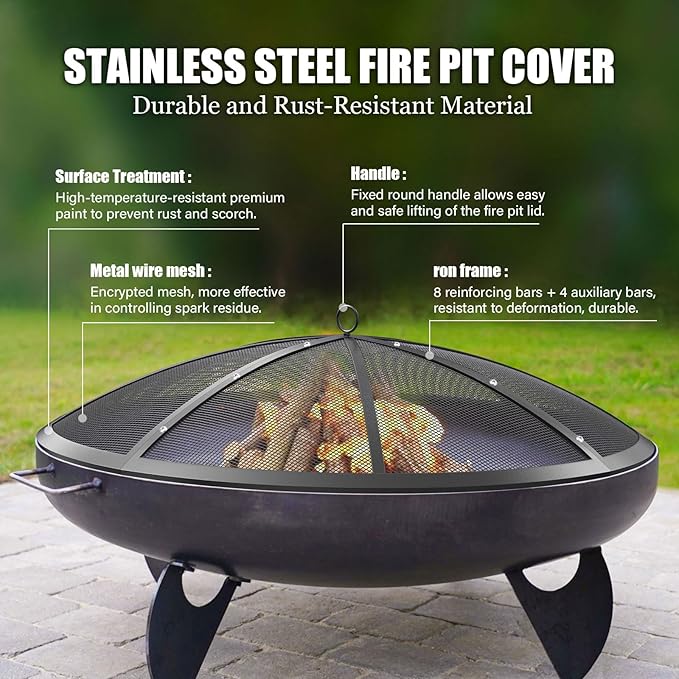 Fire Pit Spark Screen, 36Inch Fire Pit Lid Outdoor with Handle & Poker, Heavy-Duty Mesh Firepit Cove with 12 Reinforced Bars for Backyard/Beach/RV Camping