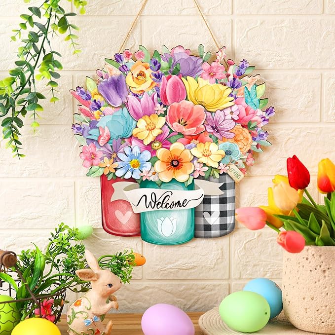 Juexica Spring Welcome Door Sign for Front Door Flower Door Hanger Wreaths Spring Wooden Hanging Decor Rustic Welcome Sign for Front Porch Wall Pediments Decorations